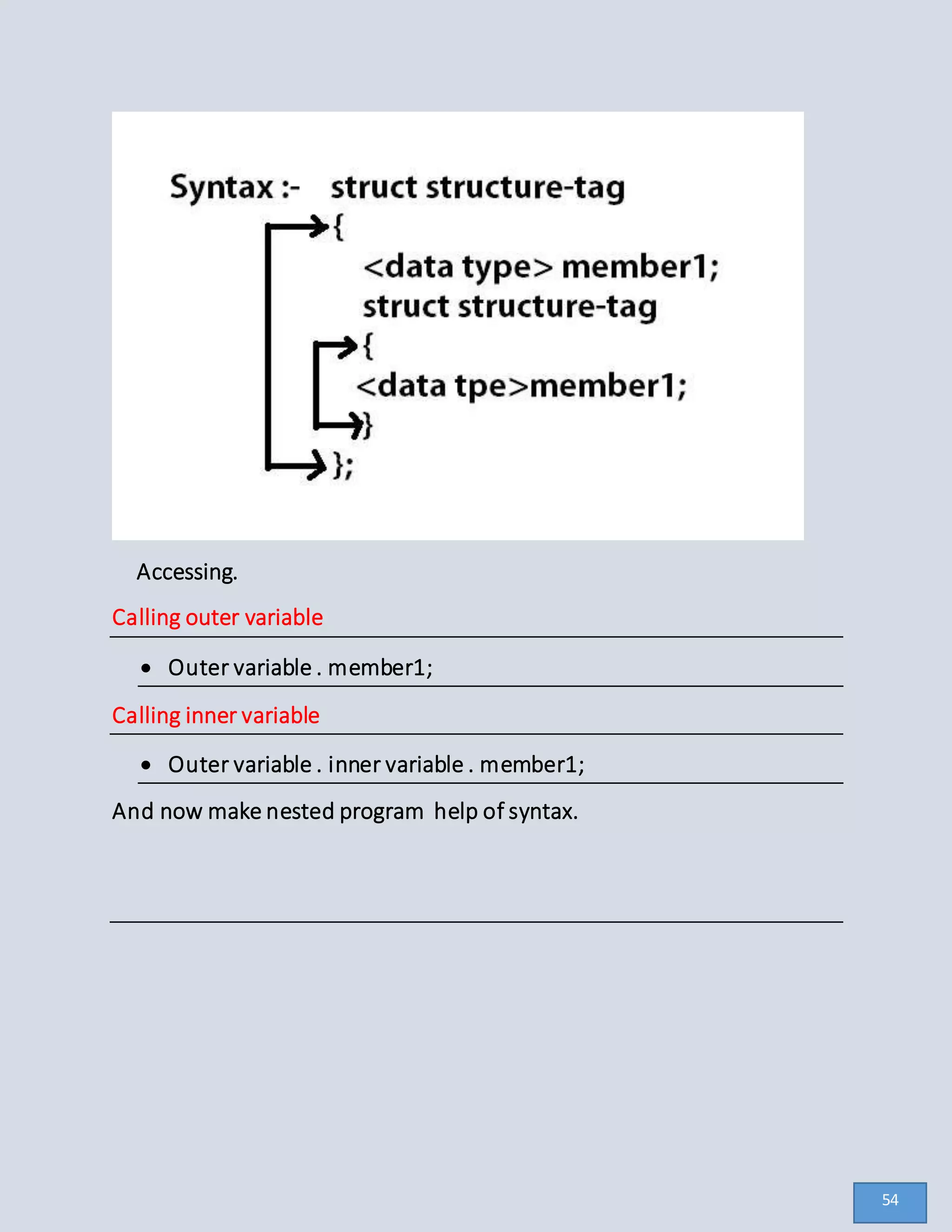 Accessing.
Calling outer variable
 Outer variable . member1;
Calling inner variable
 Outer variable . inner variable . member1;
And now make nested program help of syntax.
54
 