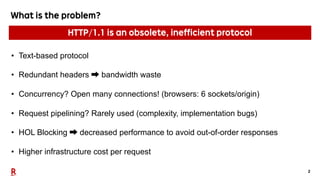 2
What is the problem?
• Text-based protocol
• Redundant headers ➡ bandwidth waste
• Concurrency? Open many connections! (browsers: 6 sockets/origin)
• Request pipelining? Rarely used (complexity, implementation bugs)
• HOL Blocking ➡ decreased performance to avoid out-of-order responses
• Higher infrastructure cost per request
HTTP/1.1 is an obsolete, inefficient protocol
 