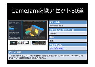 GameJam必携アセット50選
アセット名
ProBuilder	Basic	
アセットパブリッシャー名
ProCore	
価格
無料	
アセットURL
h3p://u3d.as/62y	
アセット説明
エディタ内で高度なジオメトリーを構築で...