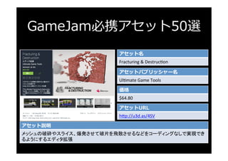GameJam必携アセット50選
アセット名
Fracturing	&	Destruc*on	
アセットパブリッシャー名
Ul*mate	Game	Tools	
価格
$64.80	
アセットURL
h3p://u3d.as/4SV	
アセット...