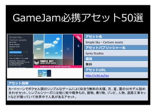 GameJam必携アセット50選
アセット名
Simple	Sky	–	Cartoon	assets	
アセットパブリッシャー名
Synty	Studios	
価格
無料	
アセットURL
h:p://u3d.as/iea	
アセット説明
カー...