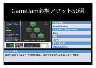 GameJam必携アセット50選
アセット名
Behavior	Designer	
アセットパブリッシャー名
Opsive	
価格
$86.40	
アセットURL
h:p://u3d.as/6CY	
アセット説明
直感的なビジュアルエディタで簡単に新しいタスクを作成できるようにしたエディタ拡張。	
 