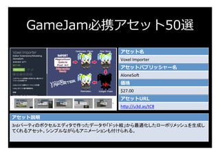 GameJam必携アセット50選
アセット名
Voxel	Importer	
アセットパブリッシャー名
AloneSos	
価格
$27.00	
アセットURL
h:p://u3d.as/tC8	
アセット説明
3rdパーティのボクセルエディタ...