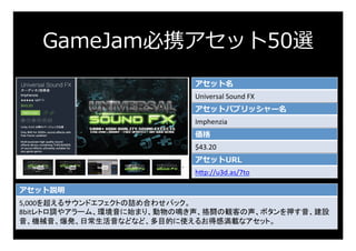 GameJam必携アセット50選
アセット名
Universal	Sound	FX	
アセットパブリッシャー名
Imphenzia	
価格
$43.20	
アセットURL
h:p://u3d.as/7to	
アセット説明
5,000を超えるサウ...