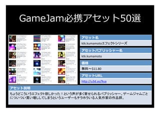 GameJam必携アセット50選
アセット名
ktk.kumamotoエフェクトシリーズ	
アセットパブリッシャー名
ktk.kumamoto	
価格
無料〜$11.80	
アセットURL
h:p://u3d.as/9ua	
アセット説明
ちょうどこういうエフェクト欲しかった！という声が多く寄せられるパブリッシャー。ゲームジャムごと
についつい買い増ししてしまうというユーザーもチラホラいる人気作家の作品群。	
	
 