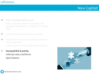 www.letsventure.com
New	
  Capital!	
  
ì  Folks	
  with	
  Disposable	
  Income	
  
With	
  syndication	
  platforms	
  available,	
  the	
  
average	
  contribution	
  is	
  coming	
  to	
  ~5L	
  INR	
  per	
  
deal	
  
ì  Number	
  of	
  lead	
  investors	
  are	
  increasing	
  
ì  Institutional	
  Investors	
  are	
  getting	
  involved	
  in	
  
early	
  stage	
  deals	
  
4	
  deals	
  out	
  of	
  10	
  had	
  an	
  institutional	
  investor	
  
ì  Increased	
  M	
  &	
  A	
  activity	
  
Little	
  Eye	
  Labs,	
  CoolTok	
  etc	
  
iSprit	
  initiative	
  
 