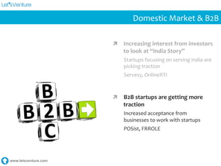 www.letsventure.com
Domestic	
  Market	
  &	
  B2B	
  
ì  Increasing	
  interest	
  from	
  investors	
  
to	
  look	
  at	
  “India	
  Story”	
  
Startups	
  focusing	
  on	
  serving	
  India	
  are	
  
picking	
  traction	
  
Servesy,	
  OnlineRTI	
  
	
  
ì  B2B	
  startups	
  are	
  getting	
  more	
  
traction	
  
Increased	
  acceptance	
  from	
  
businesses	
  to	
  work	
  with	
  startups	
  
POSist,	
  FRROLE	
  
 
