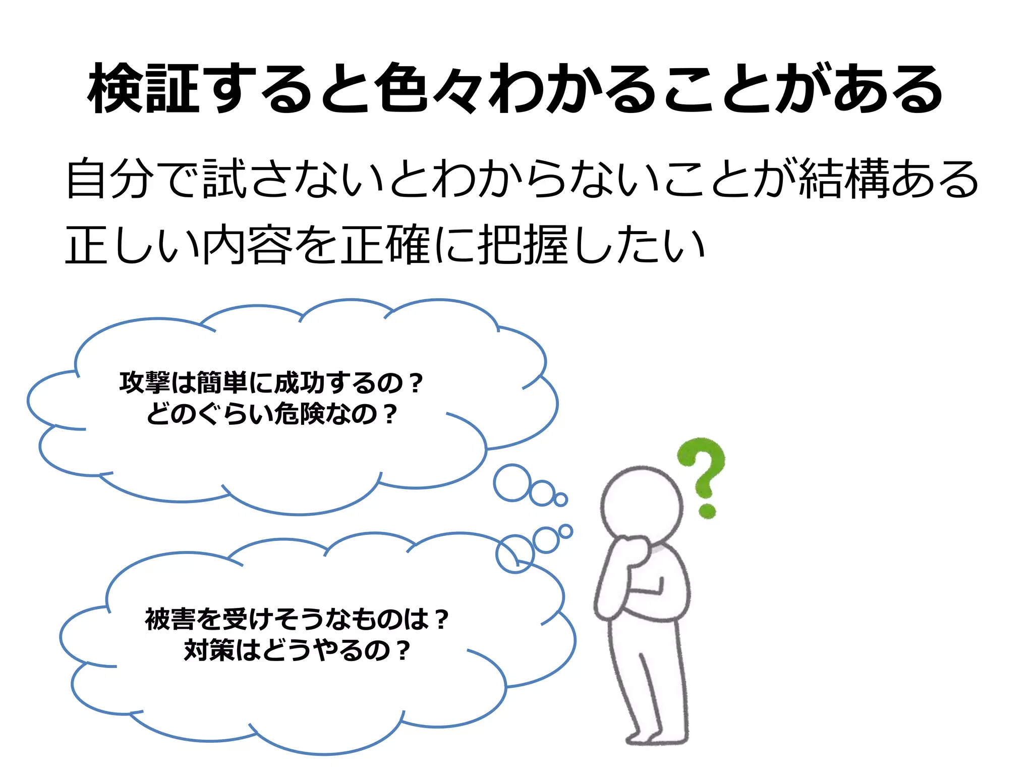 検証すると色々わかることがある
自分で試さないとわからないことが結構ある
正しい内容を正確に把握したい
攻撃は簡単に成功するの？
どのぐらい危険なの？
被害を受けそうなものは？
対策はどうやるの？
 
