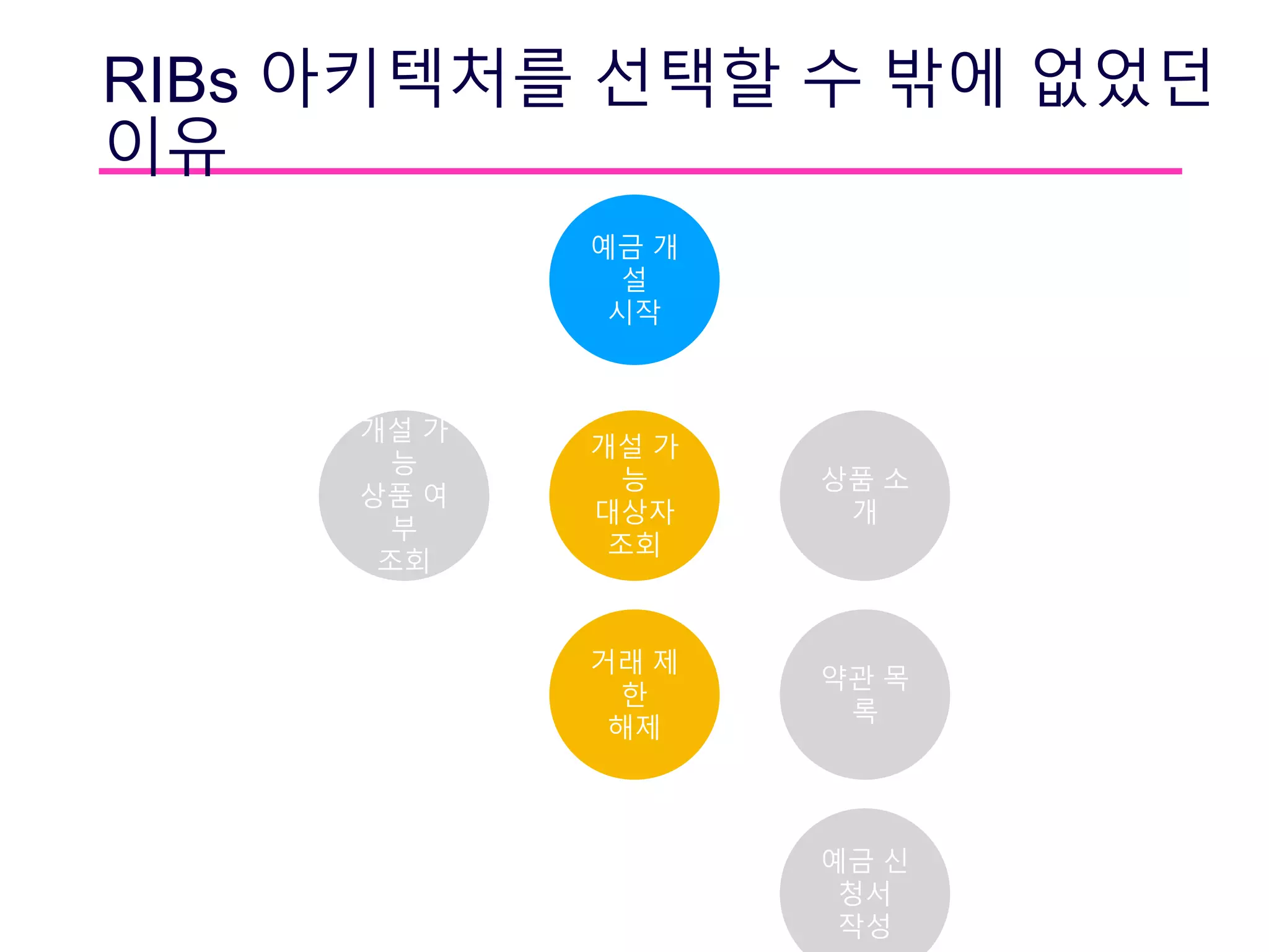 RIBs 아키텍처를 선택할 수 밖에 없었던
이유
개설 가
능
대상자
조회
예금 개
설
시작
개설 가
능
상품 여
부
조회
상품 소
개
거래 제
한
해제
약관 목
록
예금 신
청서
작성
 