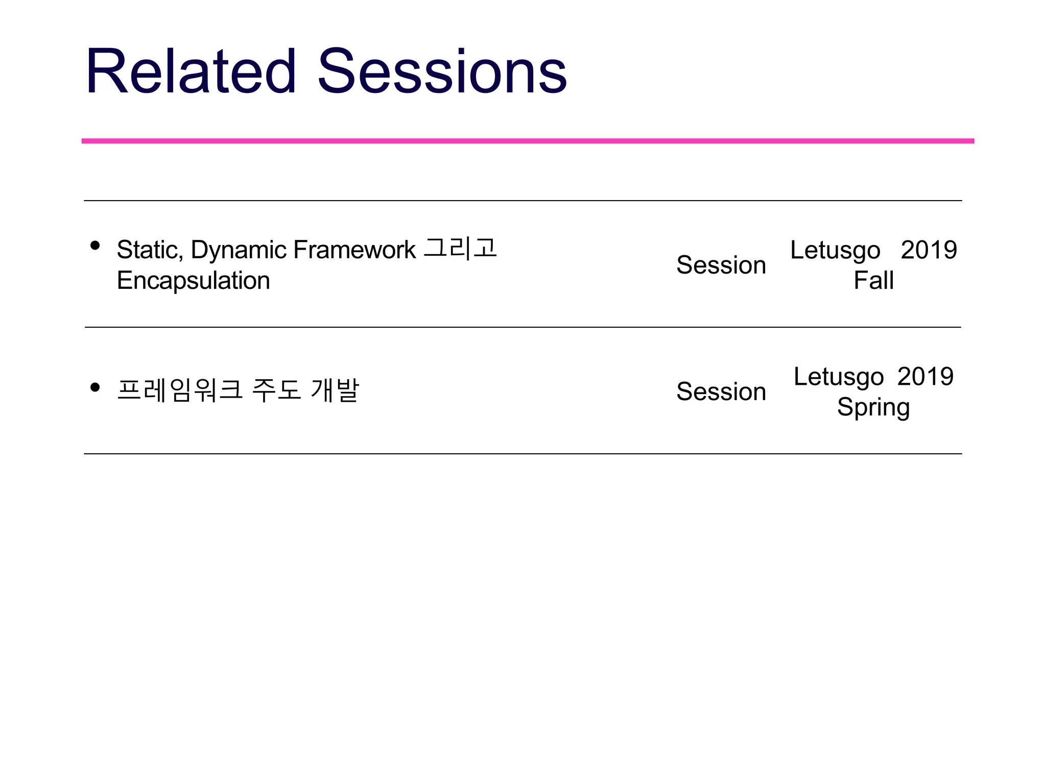 Related Sessions
• Static, Dynamic Framework 그리고
Encapsulation
Session
Letusgo 2019
Fall
• 프레임워크 주도 개발 Session
Letusgo 2019
Spring
 