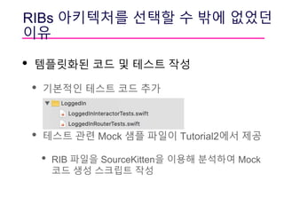 RIBs 아키텍처를 선택할 수 밖에 없었던
이유
• 템플릿화된 코드 및 테스트 작성
• 기본적인 테스트 코드 추가
• 테스트 관련 Mock 샘플 파일이 Tutorial2에서 제공
• RIB 파일을 SourceKitten을 이용해 분석하여 Mock
코드 생성 스크립트 작성
 