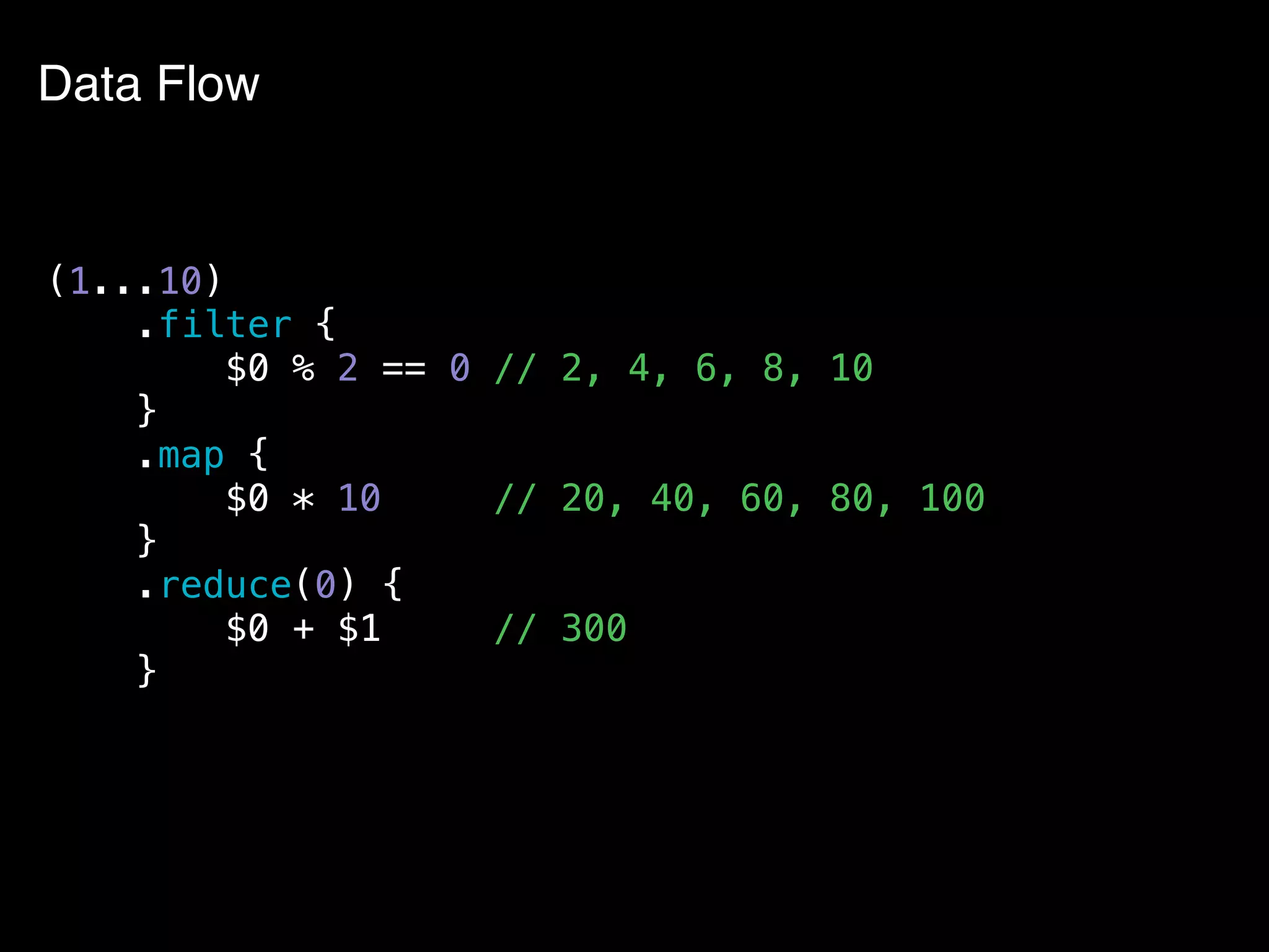 Data Flow
(1...10)
.filter {
$0 % 2 == 0 // 2, 4, 6, 8, 10
}
.map {
$0 * 10 // 20, 40, 60, 80, 100
}
.reduce(0) {
$0 + $1 // 300
}
 