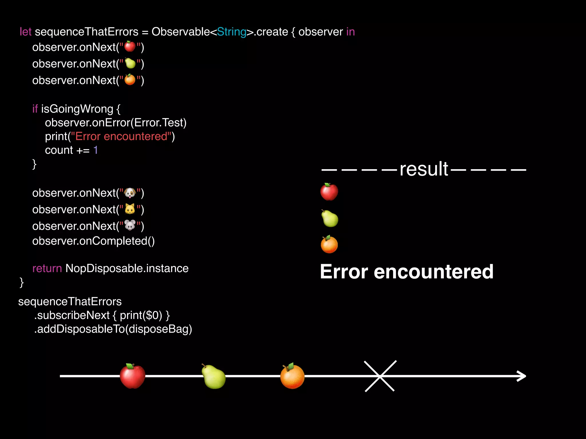 let sequenceThatErrors = Observable<String>.create { observer in
observer.onNext("🍎")
observer.onNext("🍐")
observer.onNext("🍊")
if isGoingWrong {
observer.onError(Error.Test)
print("Error encountered")
count += 1
}
observer.onNext("🐶")
observer.onNext("🐱")
observer.onNext("🐭")
observer.onCompleted()
return NopDisposable.instance
}
————result————
🍎
🍐
🍊
Error encountered
sequenceThatErrors
.subscribeNext { print($0) }
.addDisposableTo(disposeBag)
🍊🍐🍎
 