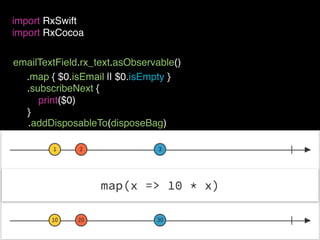 emailTextField.rx_text.asObservable()
import RxSwift
import RxCocoa
.map { $0.isEmail || $0.isEmpty }
.addDisposableTo(disposeBag)
.subscribeNext {
print($0)
}
 