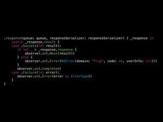 .response(queue: queue, responseSerializer: responseSerializer) { _response in
switch _response.result {
case .Success(let result):
if let _ = _response.response {
observer.on(.Next(result))
} else {
observer.on(.Error(NSError(domain: "Frip", code: -1, userInfo: nil)))
}
observer.on(.Completed)
case .Failure(let error):
observer.on(.Error(error as ErrorType))
}
}
 