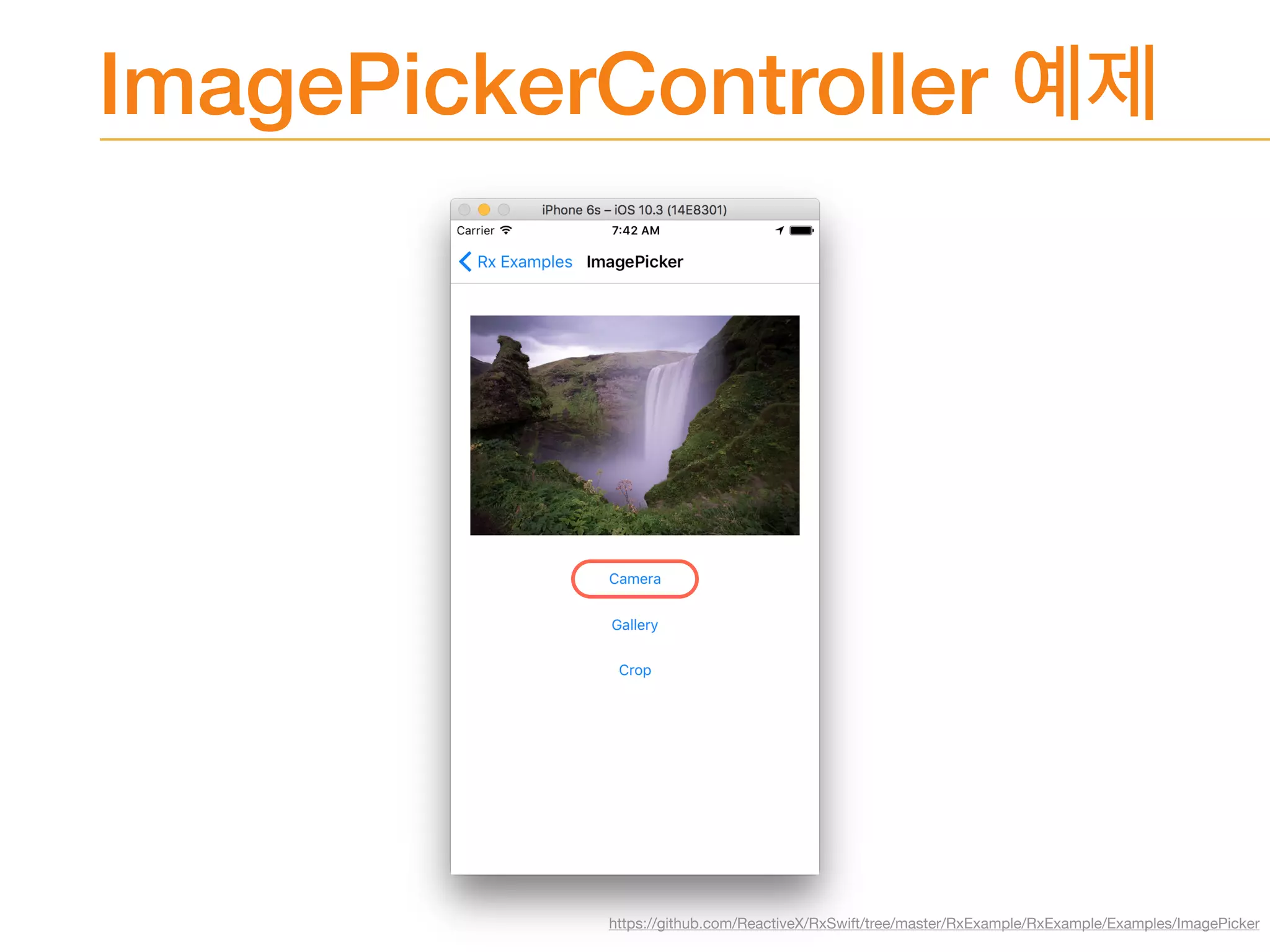 ImagePickerController
https://github.com/ReactiveX/RxSwift/tree/master/RxExample/RxExample/Examples/ImagePicker
 