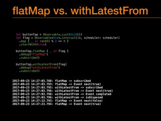 ﬂatMap vs. withLatestFrom
let buttonTap = Observable.just(Void())
let flag = Observable<Int>.interval(10, scheduler: scheduler)
.map { _ in rand() % 2 == 0 }
.startWith(true)
buttonTap.flatMap { _ in flag }
.debug("flatMap")
.subscribe()
buttonTap.withLatestFrom(flag)
.debug("withLatestFrom")
.subscribe()
2017-09-23 14:27:03.788: flatMap -> subscribed
2017-09-23 14:27:03.793: flatMap -> Event next(true)
2017-09-23 14:27:03.795: withLatestFrom -> subscribed
2017-09-23 14:27:03.796: withLatestFrom -> Event next(true)
2017-09-23 14:27:03.796: withLatestFrom -> Event completed
2017-09-23 14:27:03.796: withLatestFrom -> isDisposed
2017-09-23 14:27:13.793: flatMap -> Event next(false)
2017-09-23 14:27:23.794: flatMap -> Event next(true)
 