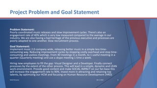 Project Problem and Goal Statement
Problem Statement:
Poorly coordinated music releases and slow improvement cycles. There’s also an
engagement rate of 40% which is very low measured compared to the average in our
industry. We are also having a bad heritage of the previous executive and processes are
poorly adapted to one another. Slow recruitment process.
Goal Statement:
Implement music 2.0 company wide, releasing better music in a simple less time-
consuming way. Reducing improvement cycles by stopping costly overhead and stop time-
consuming and useless meetings. From 40 meetings in a month, to 1 useful meeting in a
quarter (Quarterly meeting) and use a skype meeting 1 time a week.
Hiring new employees to fill the gap: Visual Designer and a Developer. Finally connect
processes by the extent of the other process. This will lead in a simple, dynamic and LEAN
work environment. Provide good content and make SOCIAL IMPACT on our fan base this
will increase the engagement rate to 90%. Invest more in attracting and retaining top
talents, by optimizing our HCM and focusing on Human Resource Development (HRD)
28-11-2016 3Mehdi Bouazza
 