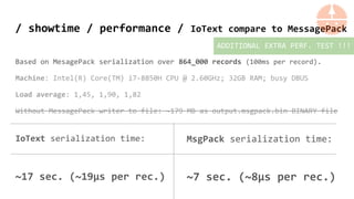 / showtime / performance / IoText compare to MessagePack
Based on MesagePack serialization over 864_000 records (100ms per record).
Machine: Intel(R) Core(TM) i7-8850H CPU @ 2.60GHz; 32GB RAM; busy DBUS
Load average: 1,45, 1,90, 1,82
Without MessagePack writer to file: ~179 MB as output.msgpack.bin BINARY file
IoText serialization time:
~17 sec. (~19µs per rec.)
MsgPack serialization time:
~7 sec. (~8µs per rec.)
ADDITIONAL EXTRA PERF. TEST !!!
 