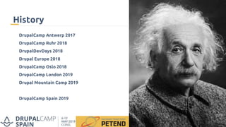 DrupalCamp Antwerp 2017
DrupalCamp Ruhr 2018
DrupalDevDays 2018
Drupal Europe 2018
DrupalCamp Oslo 2018
DrupalCamp London 2019
Drupal Mountain Camp 2019
DrupalCamp Spain 2019
History
 