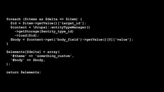 foreach ($items as $delta => $item) {
$id = $item->getValue()['target_id'];
$content = Drupal::entityTypeManager()
->getStorage($entity_type_id)
->load($id);
$body = $content->get('body_field')->getValue()[0]['value'];
}
$elements[$delta] = array(
'#theme' => 'something_custom',
'#body' => $body,
);
return $elements;
 