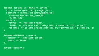 foreach ($items as $delta => $item) {
$id = $item->getValue()['target_id'];
$content = Drupal::entityTypeManager()
->getStorage($entity_type_id)
->load($id);
$body = [
'#type' => 'processed_text',
'#text' => $content->get('body_field')->getValue()[0]['value'],
'#format' => $content->get('body_field')->getValue()[0]['format'], ];
}
$elements[$delta] = array(
'#theme' => 'something_custom',
'#body' => $body,
);
return $elements;
 