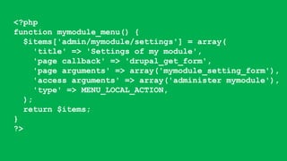<?php
function mymodule_menu() {
$items['admin/mymodule/settings'] = array(
'title' => 'Settings of my module',
'page callback' => 'drupal_get_form',
'page arguments' => array('mymodule_setting_form'),
'access arguments' => array('administer mymodule'),
'type' => MENU_LOCAL_ACTION,
);
return $items;
}
?>
 