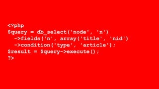 <?php
$query = db_select('node', 'n')
->fields('n', array('title', 'nid')
->condition('type', 'article');
$result = $query->execute();
?>
 