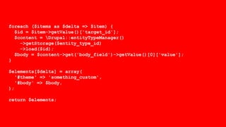 foreach ($items as $delta => $item) {
$id = $item->getValue()['target_id'];
$content = Drupal::entityTypeManager()
->getStorage($entity_type_id)
->load($id);
$body = $content->get('body_field')->getValue()[0]['value'];
}
$elements[$delta] = array(
'#theme' => 'something_custom',
'#body' => $body,
);
return $elements;
 