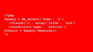 <?php
$query = db_select('node', 'n')
->fields('n', array('title', 'nid')
->condition('type', 'article');
$result = $query->execute();
?>
 