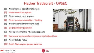 Hacker Tradecraft - OPSEC
[1] Never reveal operational details
[2] Never reveal your plans
[3] Never reveal trust anyone
[4] Never confuse recreation / hacking
[5] Never operate from your house
[6] Be proactively paranoid
[7] Keep personnel life / hacking separate
[8] Keep your personnel environment contraband free
[9] Never talk to Police
[10] Don’t Give anyone power over you
 