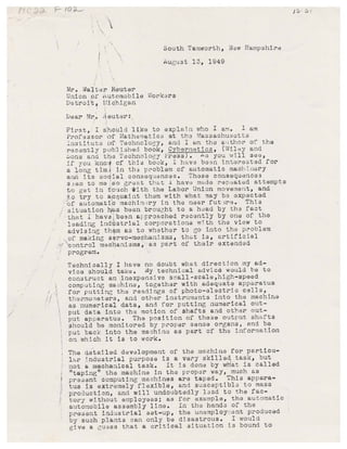 Letter from Norbert Wiener to Walter Reuther, August 13, 1949