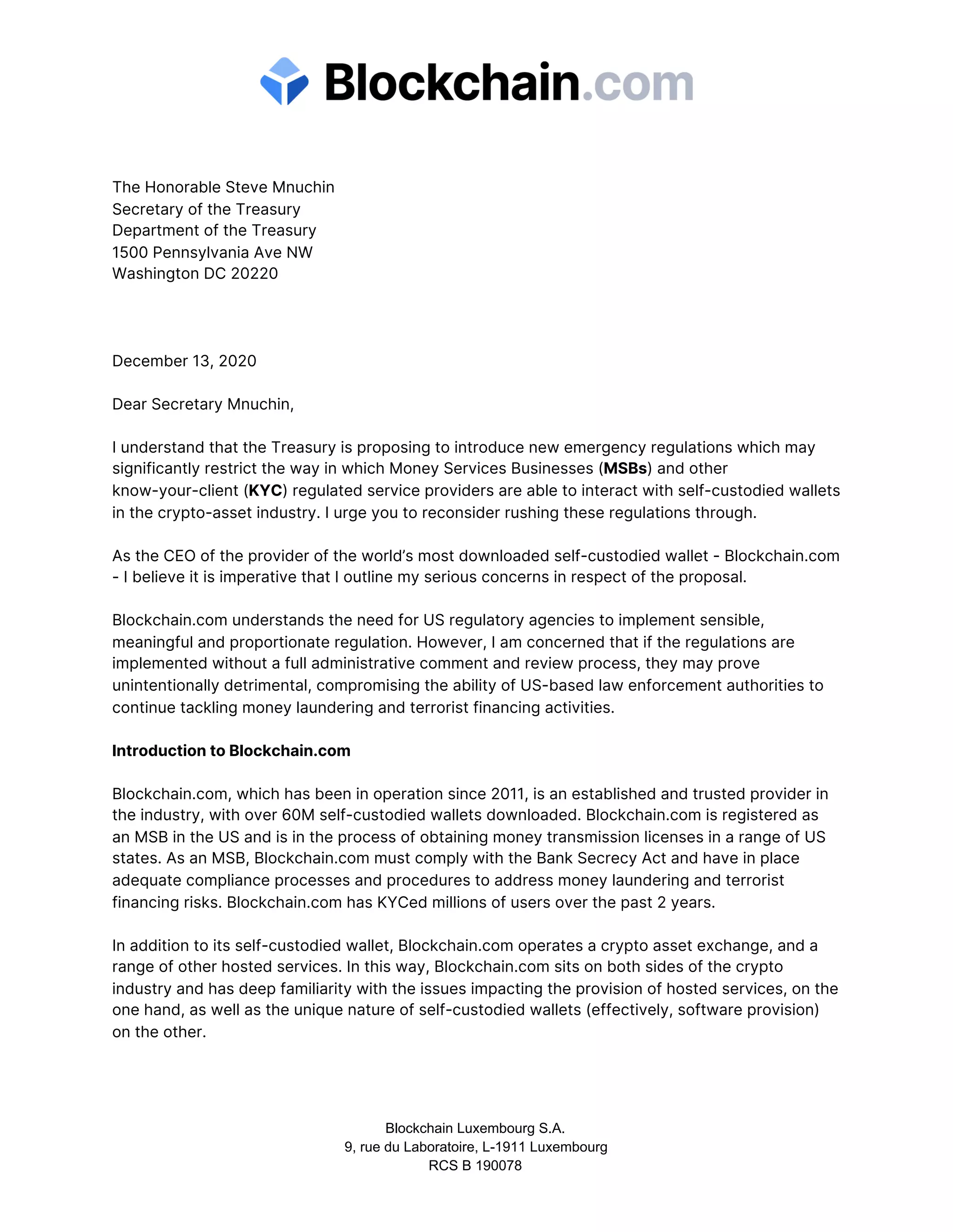Letter to Hon. Steve Mnuchin from Blockchain.com