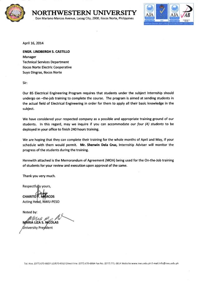 letter memorandom of agreement ojt of students memorandom letter