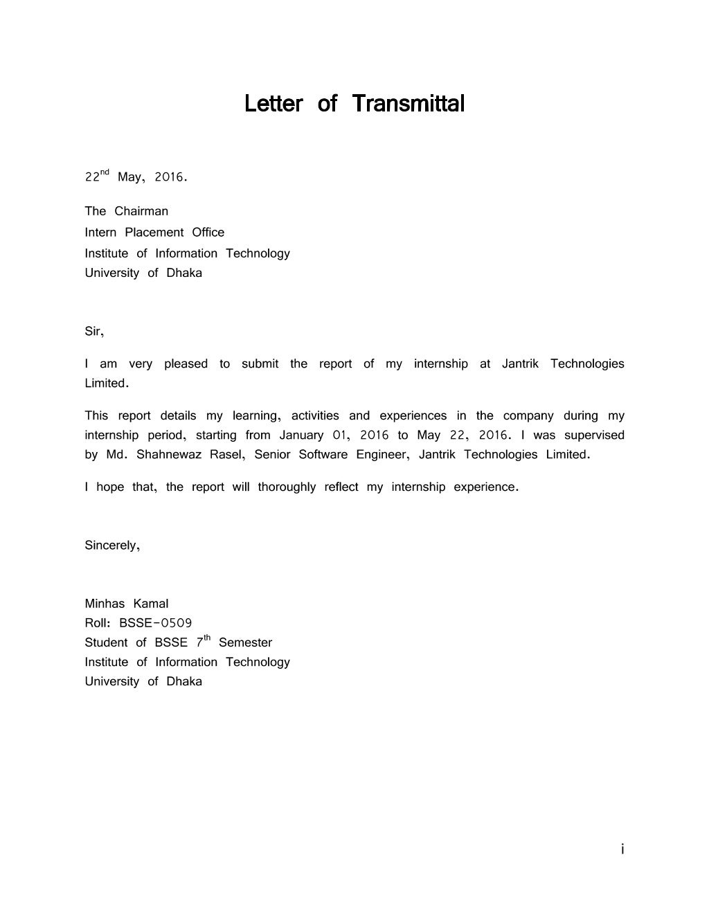 Letter Of Transmittal Example For Formal Report