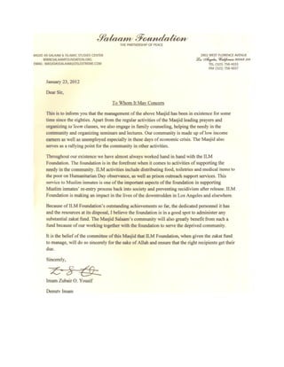 Masjid Salaam - Endorsement Letter - Los Angeles