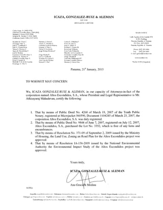 Altos Escondidos  Development in Panama Lawyer certification letter