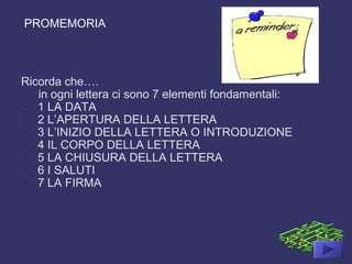PROMEMORIA
Ricorda che….
in ogni lettera ci sono 7 elementi fondamentali:
-
1 LA DATA
-
2 L’APERTURA DELLA LETTERA
-
3 L’INIZIO DELLA LETTERA O INTRODUZIONE
-
4 IL CORPO DELLA LETTERA
-
5 LA CHIUSURA DELLA LETTERA
-
6 I SALUTI
-
7 LA FIRMA
 