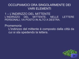 OCCUPIAMOCI ORA SINGOLARMENTE DEI
VARI ELEMENTI
1 – L'INDIRIZZO DEL MITTENTE
L’INDIRIZZO DEL MITTENTE, NELLE LETTERE
PERSONALI, VA POSTO IN ALTO A DESTRA.
Promemoria
-
L'indirizzo del mittente è composto dalla città da
cui si sta spedendo la lettera.
 
