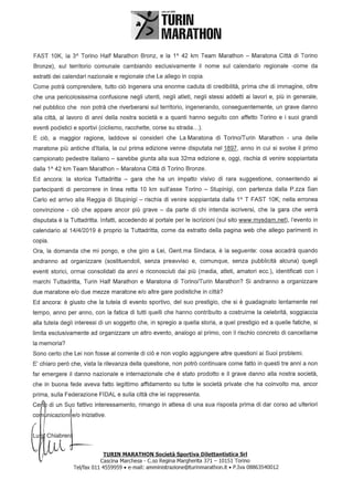 Lettera di Luigi Chiabrera sulla Maratona a Torino