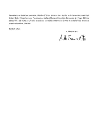 Lettera al comandante dei vigili urbani