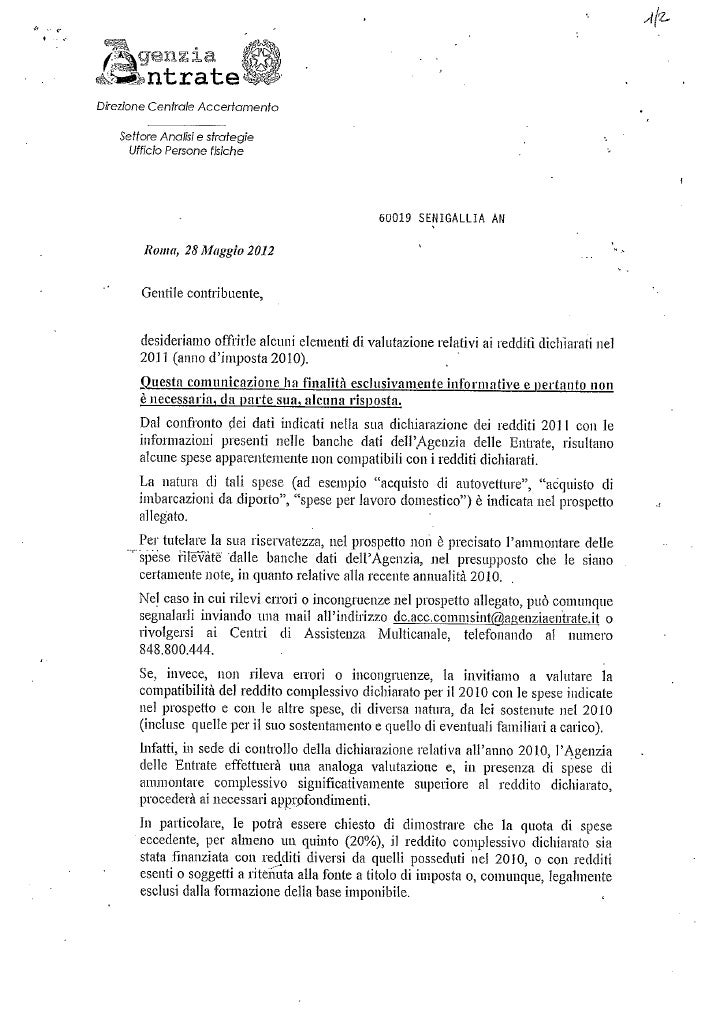 Lettera agenzia entrate 05.12