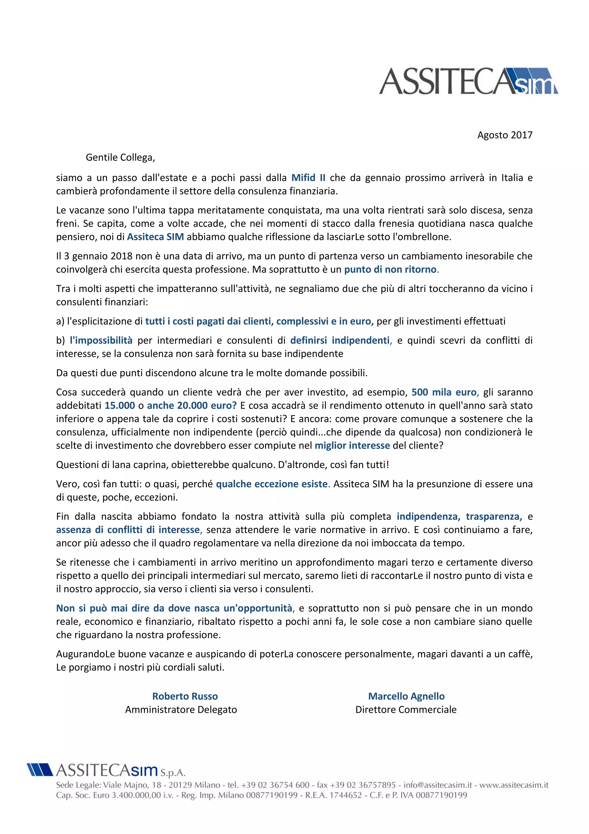 Lettera ai consulenti finanziari | PDF