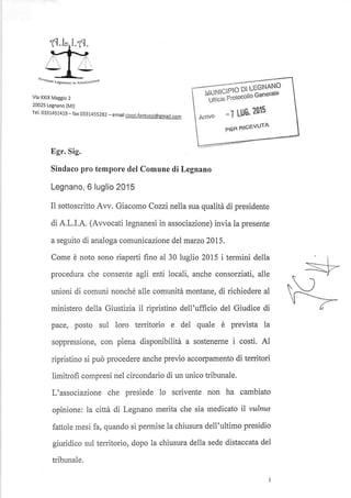 Lettera avv cozzi alia su sede giudice di pace