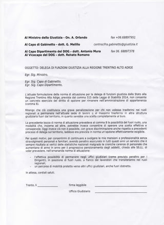 Lettera dei dipendenti della giustizia al Ministro della giustizia ed al Presidente della Regione del Trentino Alto Adige