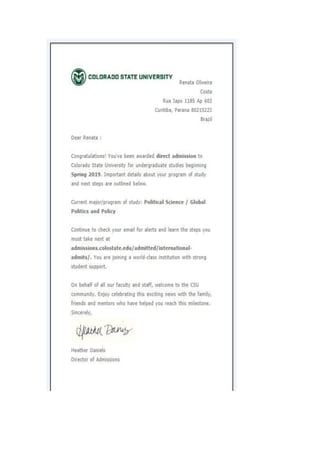 Letter Admission to Colorado State University