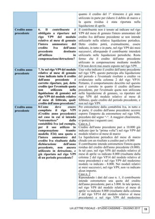 LA LETTRE FISCALE - STUDIO CASSINIS – GIUGNO 2017 15
quanto il credito del 1° trimestre è già stato
utilizzato in parte per ridurre il debito di marzo e
la quota residua è stata riportata nella
liquidazione di aprile.
Credito anno
precedente
6. Il contribuente è
obbligato a riportare nel
rigo VP9 del modulo
relativo al mese di gennaio
l'intero ammontare del
credito Iva dell'anno
precedente destinato
all'utilizzo in
compensazione/detrazione?
Il contribuente non è tenuto ad indicare nel rigo
VP9 del mese di gennaio l'intero ammontare del
credito Iva dell'anno precedente se non intende
utilizzarlo nella relativa liquidazione periodica.
Detto credito potrà, eventualmente, essere
indicato, in tutto o in parte, nel rigo VP9 dei mesi
successivi, allorquando il contribuente intenderà
utilizzarlo nelle liquidazioni periodiche. Resta
fermo che il credito dell'anno precedente
utilizzato in compensazione mediante modello
F24 non dovrà mai essere esposto nel rigo VP9.
Credito anno
precedente
7. Se nel rigo VP9 del modulo
relativo al mese di gennaio
viene indicato tutto il credito
dell'anno precedente è
corretto riportare, poi, detto
credito (per l'eventuale quota
non utilizzata nella
liquidazione di gennaio) nel
rigo VP9 del modulo relativo
al mese di febbraio, quale
credito dell'anno precedente?
Una volta indicato il credito dell'anno precedente
nel rigo VP9, questo partecipa alla liquidazione
del periodo e l'eventuale risultato a credito va
evidenziato nella colonna 2 del rigo VP14.
Pertanto, il comportamento descritto nel quesito
non è corretto in quanto il credito dell'anno
precedente, per l'eventuale quota non utilizzata
nella liquidazione di gennaio, va riportato nel
rigo VP8 del modulo relativo al mese di
febbraio, quale credito del periodo precedente, e
non nel rigo VP9.
Credito anno
precedente
8.Come deve essere
compilato il rigo VP9
(Credito anno precedente)
nel caso in cui si intenda
“estromettere” dalla
contabilità Iva (ad esempio,
per il suo utilizzo in
compensazione tramite
modello F24) una quota o
l'intero ammontare del
credito Iva risultante dalla
dichiarazione dell'anno
precedente, non ancora
utilizzato in detrazione, e
già riportato nel rigo VP9
di un periodo precedente?
Per estromettere dalla contabilità Iva, in tutto o
in parte, il credito dell'anno precedente occorre
esporre l'importo da estromettere nel rigo VP9,
preceduto dal segno “-“. A maggior chiarimento,
si ipotizzino i seguenti casi:
Caso n. 1
Credito dell'anno precedente pari a 10.000 già
indicato (per la “prima volta”) nel rigo VP9 del
modulo relativo al mese di marzo
La liquidazione periodica del mese di marzo
chiude con un risultato a credito pari a 8.000
Il contribuente intende estromettere l'intera quota
residua del credito dell'anno precedente (8.000).
In tal caso, nel rigo VP8 del modulo relativo al
mese di aprile va indicato 8.000 (risultante dalla
colonna 2 del rigo VP14 del modulo relativo al
mese precedente) e nel rigo VP9 del medesimo
modulo va indicato - 8.000. Nei moduli relativi
ai mesi successivi, nel rigo VP9, non va indicato
alcun importo.
Caso n. 2
Riprendendo i dati del caso n. 1, il contribuente
intende estromettere una quota del credito
dell'anno precedente, pari a 3.000. In tale ipotesi,
nel rigo VP8 del modulo relativo al mese di
aprile va indicato 8.000 (risultante dalla colonna
2 del rigo VP14 del modulo relativo al mese
precedente) e nel rigo VP9 del medesimo
 