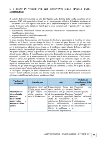 LA LETTRE FISCALE - STUDIO CASSINIS – OTTOBRE 2017 16
3. I BONUS IN VIGORE PER GLI INTERVENTI SULLE SINGOLE UNITÀ
IMMOBILIARI
A seguito della pubblicazione sul sito dell’Agenzia delle Entrate della Guida aggiornata al 22
settembre 2017 sulle agevolazioni fiscali per le ristrutturazioni edilizie e della Guida aggiornata al
12 settembre 2017 sulle agevolazioni fiscali per il risparmio energetico, si ritiene utile fornire un
quadro di insieme delle detrazioni fruibili per le spese sostenute dal 1° gennaio 2017 su singole
unità immobiliari per:
• manutenzione straordinaria, restauro e risanamento conservativo e ristrutturazione edilizia;
• riqualificazione energetica;
• acquisto di mobili o grandi elettrodomestici;
• riduzione del rischio sismico.
Si tenga in primo luogo presente che il cumulo tra le diverse agevolazioni è possibile per spese
differenti tra di loro e riportate dunque in diversi documenti di spesa. Pertanto, se gli interventi
realizzati rientrano sia nelle agevolazioni previste per il risparmio energetico, sia in quelle previste
per le ristrutturazioni edilizie, si può fruire per le medesime spese soltanto dell’uno o dell’altro
beneficio fiscale, rispettando gli adempimenti previsti per l’agevolazione prescelta.
Per quanto concerne, invece, la possibilità di cumulare le detrazioni per gli interventi di recupero
del patrimonio edilizio e di riqualificazione energetica degli edifici con altre agevolazioni territoriali
(comunali, regionali, etc.), sono ammesse alla detrazione solo le spese sostenute ed effettivamente
rimaste a carico, non potendo considerarsi tali quelle coperte da contributi erogati da altri enti.
Pertanto, qualora anche le disposizioni che disciplinano il contributo non prevedano specifiche
regole di incompatibilità con altri incentivi (tra cui le detrazioni fiscali in questione), le spese
sostenute per gli interventi agevolati potranno fruire del contributo e, altresì, per la parte di spesa
non coperta da quest’ultimo, della detrazione fiscale.
Si riepilogano, di seguito, in forma di rappresentazione schematica, le principali caratteristiche dei
“bonus” fruibili in taluni casi dalle sole persone fisiche e in altri anche dalle imprese, in relazione
agli interventi effettuati sulle singole unità immobiliari.
Tipologia di
intervento
Agevolazione Note
Modalità di
sostenimento della
spesa
Manutenzione
straordinaria,
restauro e
risanamento
conservativo e
ristrutturazione
edilizia
Detrazione Irpef del
50% in 10 rate annuali
di pari importo con
soglia massima di
spesa di 96.000 euro
L’agevolazione fiscale può
essere usufruita per interventi
realizzati su tutti gli immobili
di tipo residenziale. Rientrano
tra gli interventi agevolabili
anche la realizzazione di
autorimesse, l’eliminazione di
barriere architettoniche, la
prevenzione del rischio di atti
illeciti, la cablatura e la
riduzione dell’inquinamento
Pagamenti con
bonifico
bancario/postale
“parlante” o
bonifico ordinario
con la
dichiarazione
sostitutiva rilasciata
dal fornitore.
 