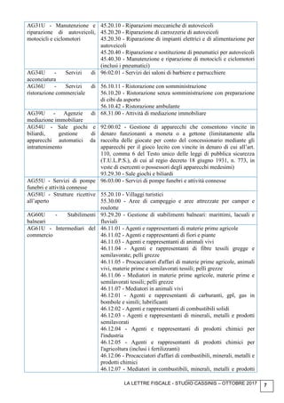 LA LETTRE FISCALE - STUDIO CASSINIS – OTTOBRE 2017 7
AG31U - Manutenzione e
riparazione di autoveicoli,
motocicli e ciclomotori
45.20.10 - Riparazioni meccaniche di autoveicoli
45.20.20 - Riparazione di carrozzerie di autoveicoli
45.20.30 - Riparazione di impianti elettrici e di alimentazione per
autoveicoli
45.20.40 - Riparazione e sostituzione di pneumatici per autoveicoli
45.40.30 - Manutenzione e riparazione di motocicli e ciclomotori
(inclusi i pneumatici)
AG34U - Servizi di
acconciatura
96.02.01 - Servizi dei saloni di barbiere e parrucchiere
AG36U - Servizi di
ristorazione commerciale
56.10.11 - Ristorazione con somministrazione
56.10.20 - Ristorazione senza somministrazione con preparazione
di cibi da asporto
56.10.42 - Ristorazione ambulante
AG39U - Agenzie di
mediazione immobiliare
68.31.00 - Attività di mediazione immobiliare
AG54U - Sale giochi e
biliardi, gestione di
apparecchi automatici da
intrattenimento
92.00.02 - Gestione di apparecchi che consentono vincite in
denaro funzionanti a moneta o a gettone (limitatamente alla
raccolta delle giocate per conto del concessionario mediante gli
apparecchi per il gioco lecito con vincite in denaro di cui all’art.
110, comma 6 del Testo unico delle leggi di pubblica sicurezza
(T.U.L.P.S.), di cui al regio decreto 18 giugno 1931, n. 773, in
veste di esercenti o possessori degli apparecchi medesimi)
93.29.30 - Sale giochi e biliardi
AG55U - Servizi di pompe
funebri e attività connesse
96.03.00 - Servizi di pompe funebri e attività connesse
AG58U - Strutture ricettive
all’aperto
55.20.10 - Villaggi turistici
55.30.00 - Aree di campeggio e aree attrezzate per camper e
roulotte
AG60U - Stabilimenti
balneari
93.29.20 - Gestione di stabilimenti balneari: marittimi, lacuali e
fluviali
AG61U - Intermediari del
commercio
46.11.01 - Agenti e rappresentanti di materie prime agricole
46.11.02 - Agenti e rappresentanti di fiori e piante
46.11.03 - Agenti e rappresentanti di animali vivi
46.11.04 - Agenti e rappresentanti di fibre tessili gregge e
semilavorate; pelli grezze
46.11.05 - Procacciatori d'affari di materie prime agricole, animali
vivi, materie prime e semilavorati tessili; pelli grezze
46.11.06 - Mediatori in materie prime agricole, materie prime e
semilavorati tessili; pelli grezze
46.11.07 - Mediatori in animali vivi
46.12.01 - Agenti e rappresentanti di carburanti, gpl, gas in
bombole e simili; lubrificanti
46.12.02 - Agenti e rappresentanti di combustibili solidi
46.12.03 - Agenti e rappresentanti di minerali, metalli e prodotti
semilavorati
46.12.04 - Agenti e rappresentanti di prodotti chimici per
l'industria
46.12.05 - Agenti e rappresentanti di prodotti chimici per
l'agricoltura (inclusi i fertilizzanti)
46.12.06 - Procacciatori d'affari di combustibili, minerali, metalli e
prodotti chimici
46.12.07 - Mediatori in combustibili, minerali, metalli e prodotti
 