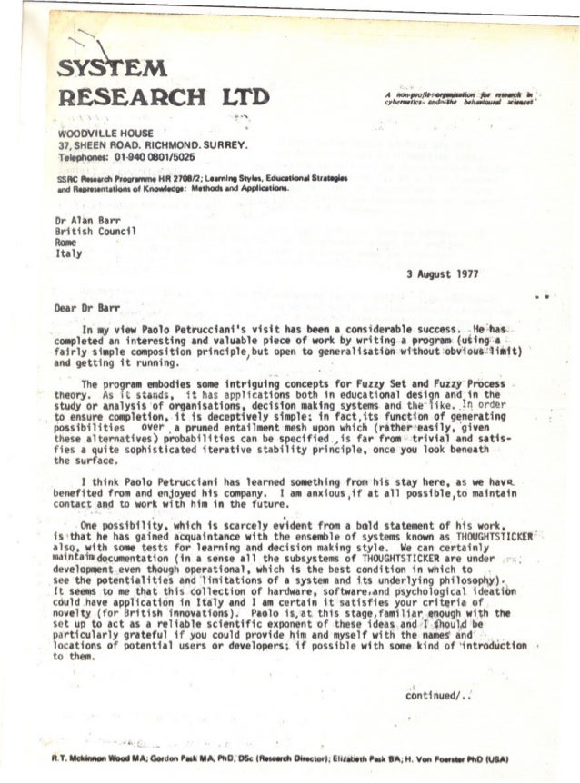 Gordon Pask letter to British Council about Paolo Petrucciani's grant…